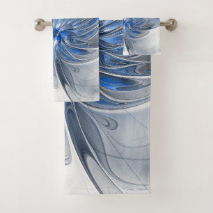 Abstract Blue Grey Watercolor Fractal Art Flower Bath Towel Set