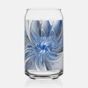 Abstract Blue Grey Watercolor Fractal Art Flower Can Glass