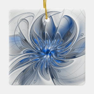 Abstract Blue Grey Watercolor Fractal Art Flower Ceramic Ornament