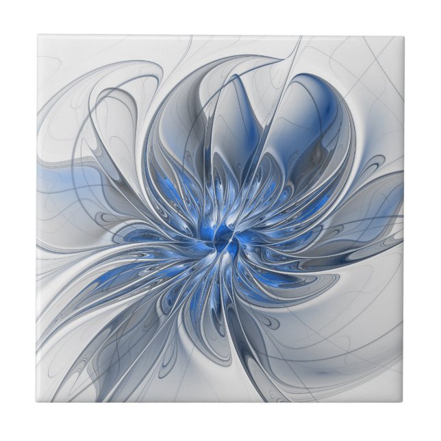 Abstract Blue Grey Watercolor Fractal Art Flower Ceramic Tile (Front)
