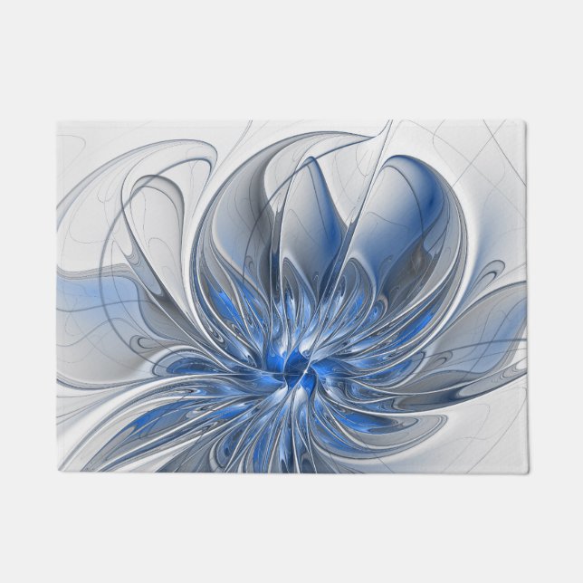 Abstract Blue Grey Watercolor Fractal Art Flower Doormat (Front)
