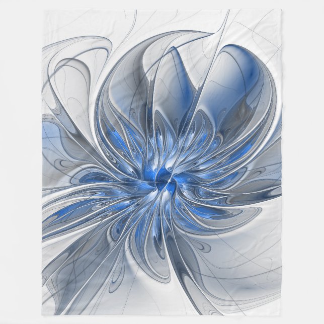 Abstract Blue Grey Watercolor Fractal Art Flower Fleece Blanket (Front)