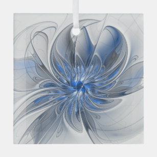 Abstract Blue Grey Watercolor Fractal Art Flower Glass Tree Decoration
