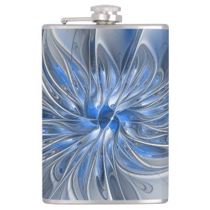 Abstract Blue Grey Watercolor Fractal Art Flower Hip Flask