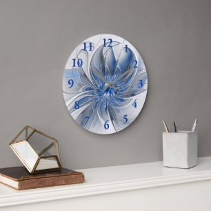 Abstract Blue Grey Watercolor Fractal Art Flower Large Clock