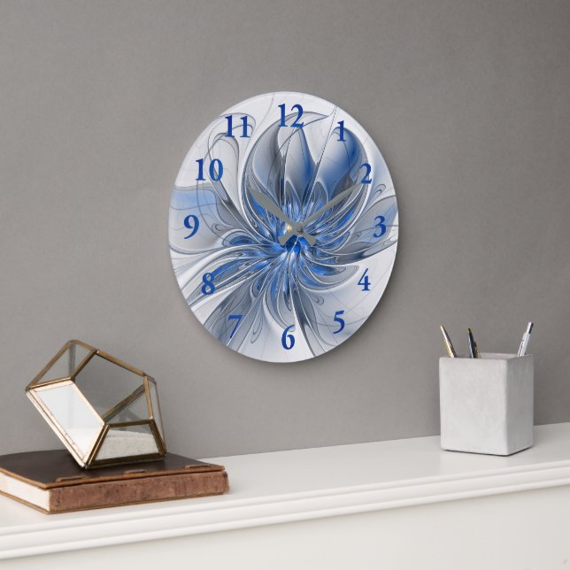 Abstract Blue Grey Watercolor Fractal Art Flower Large Clock (Office)