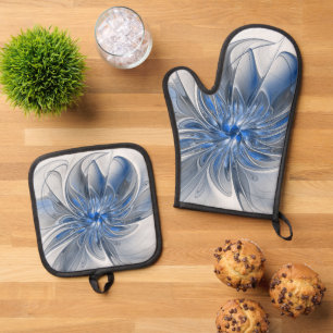 Abstract Blue Grey Watercolor Fractal Art Flower Oven Mitt & Pot Holder Set