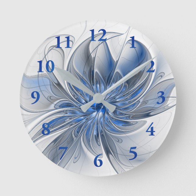 Abstract Blue Grey Watercolor Fractal Art Flower Round Clock (Front)