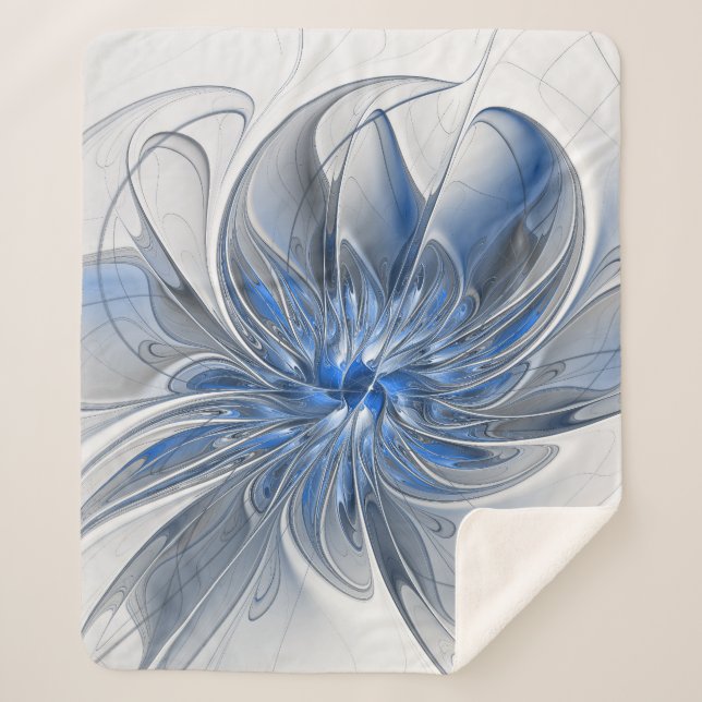 Abstract Blue Grey Watercolor Fractal Art Flower Sherpa Blanket (Front)