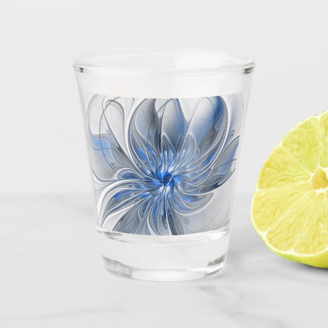 Abstract Blue Grey Watercolor Fractal Art Flower Shot Glass (Front)