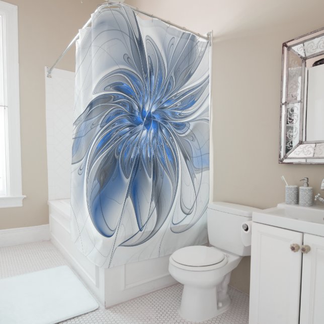 Abstract Blue Grey Watercolor Fractal Art Flower Shower Curtain (In Situ)