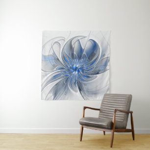 Abstract Blue Grey Watercolor Fractal Art Flower Tapestry