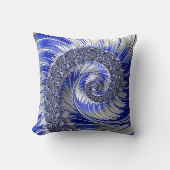 Abstract Blue Grey White Spiral Fractal Cushion (Front)