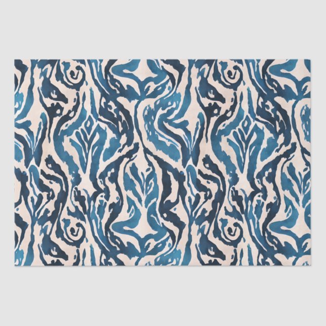 Abstract Blue Ikat Watercolor Pattern Tissue Paper (Front)