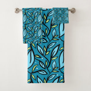 Abstract Blue Leaves Shower Curtain Bath Towel Set