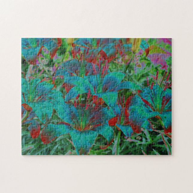 Abstract Blue Lilies Raindrops Flower Art Jigsaw Puzzle (Horizontal)