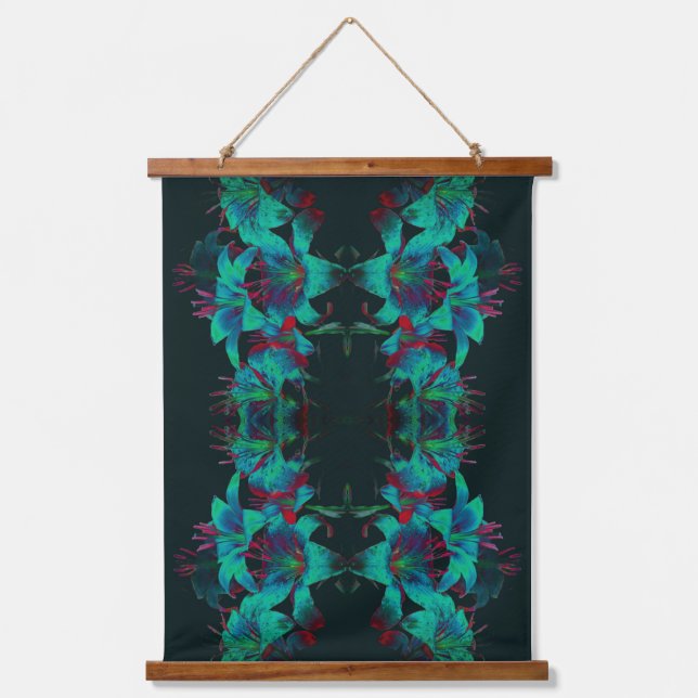 Abstract Blue Lily Flowers Raindrops Hanging Tapestry (Front)