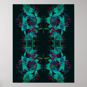 Abstract Blue Lily Flowers Raindrops Poster
