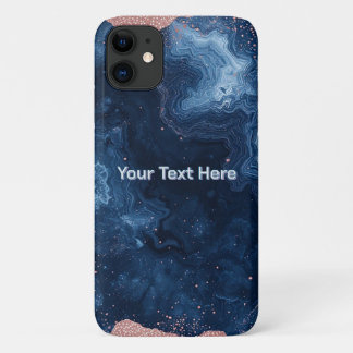 Abstract Blue Marble Art with Gold Glitter Accents iPhone 11 Case