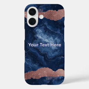 Abstract Blue Marble Art with Gold Glitter Accents iPhone 16 Case