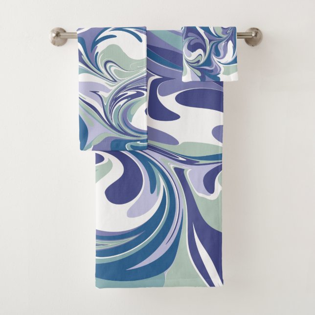 Abstract Blue Marble Swirl Stylish Personalised Bath Towel Set (Insitu)