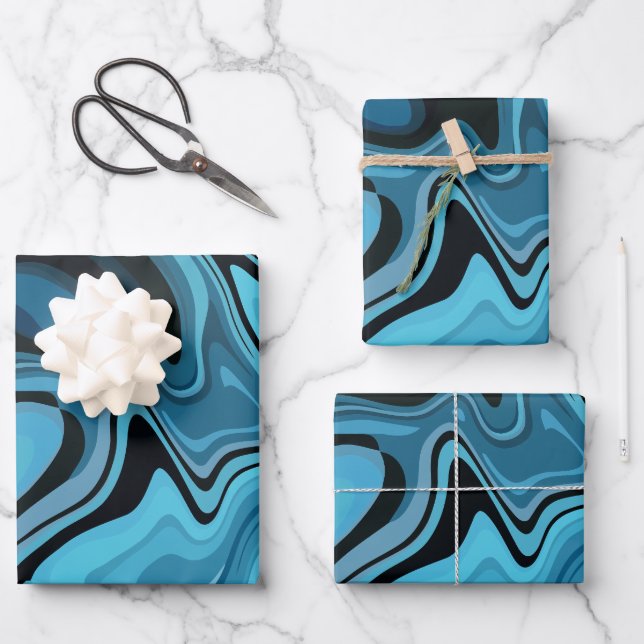 Abstract Blue Marble Wave Design Wrapping Paper Sheet (Front)
