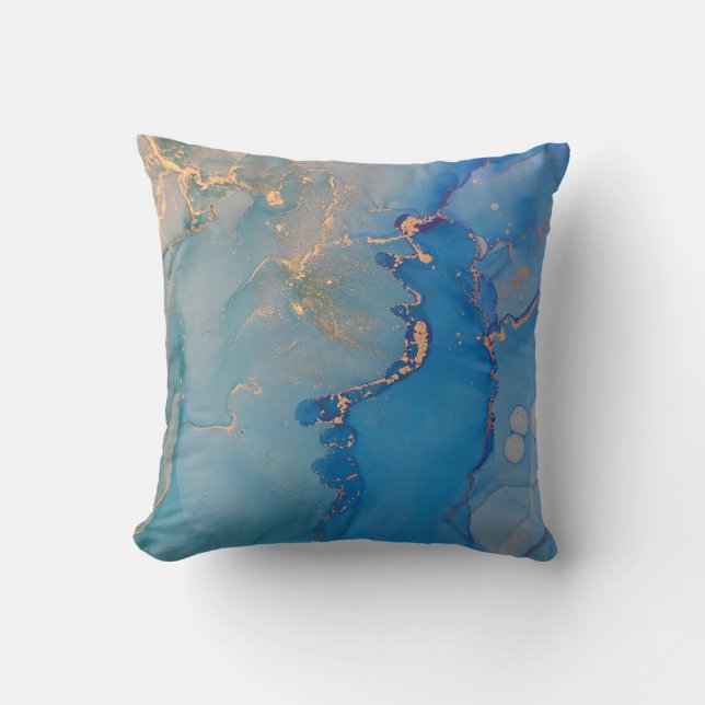 Abstract blue marble with glitter gold cushion (Front)