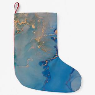 Abstract blue marble with glitter gold small christmas stocking