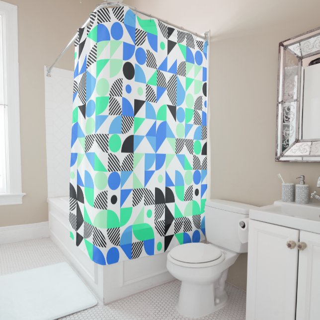 Abstract Blue Mint Geometric Pattern Shower Curtain (In Situ)