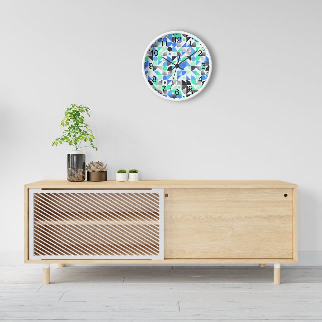 Abstract Blue Mint Green Black Geometric Clock (Creator Uploaded)