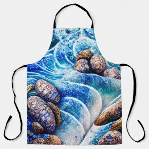 Abstract Blue Ocean Wave Marble Agate Gold Art Apron