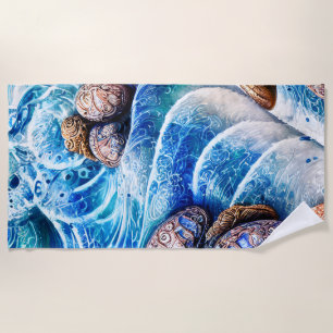 Abstract Blue Ocean Wave Marble Agate Gold Art Beach Towel