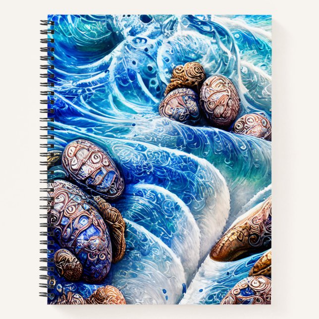 Abstract Blue Ocean Wave Marble Agate Gold Art Notebook (Front)
