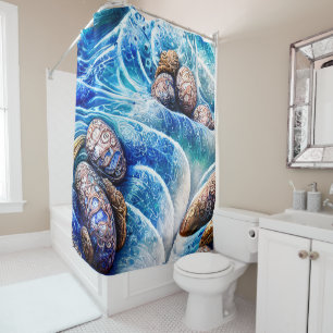 Abstract Blue Ocean Wave Marble Agate Gold Art Shower Curtain