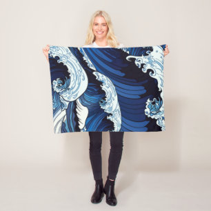 Abstract Blue Ocean Waves Japanese Style Artwork Fleece Blanket