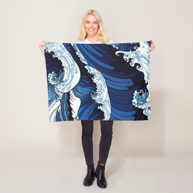 Abstract Blue Ocean Waves Japanese Style Artwork | Fleece Blanket (In Situ)