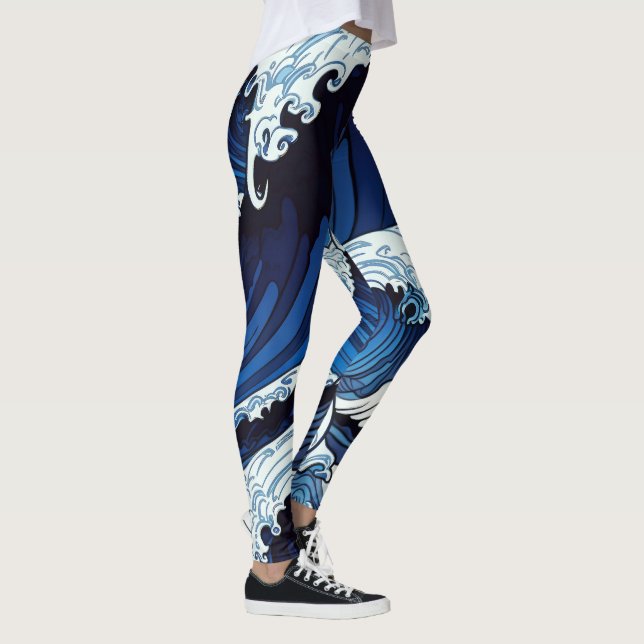 Abstract Blue Ocean Waves Japanese Style Artwork | Leggings (Right)