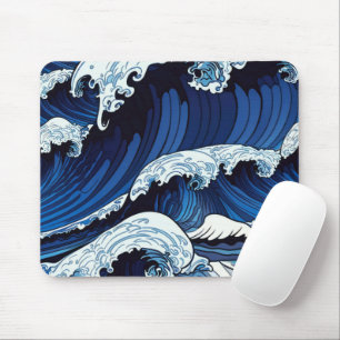 Abstract Blue Ocean Waves Japanese Style Artwork   Mouse Pad