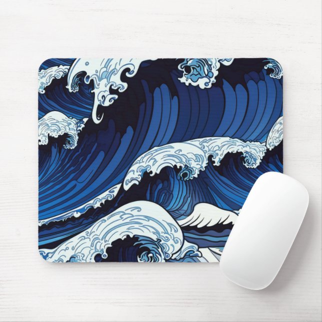 Abstract Blue Ocean Waves Japanese Style Artwork | Mouse Pad (With Mouse)