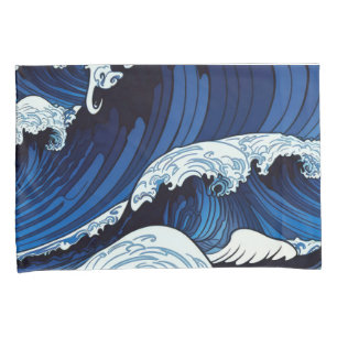 Abstract Blue Ocean Waves Japanese Style Artwork   Pillowcase