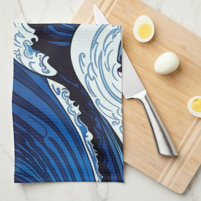 Abstract Blue Ocean Waves Japanese Style Artwork | Tea Towel (Quarter Fold)