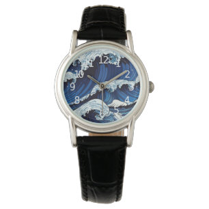 Abstract Blue Ocean Waves Japanese Style Artwork Watch