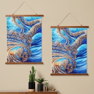 Abstract Blue Ocean Waves Ornate Surrealism Art Hanging Tapestry
