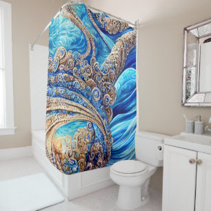 Abstract Blue Ocean Waves Ornate Surrealism Art  Shower Curtain
