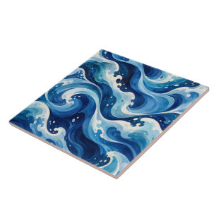 Abstract Blue Ocean Waves Watercolor Coastal Throw Ceramic Tile