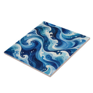 Abstract Blue Ocean Waves Watercolor Coastal Throw Ceramic Tile