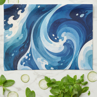 Abstract Blue Ocean Waves Watercolor Coastal Throw Tea Towel