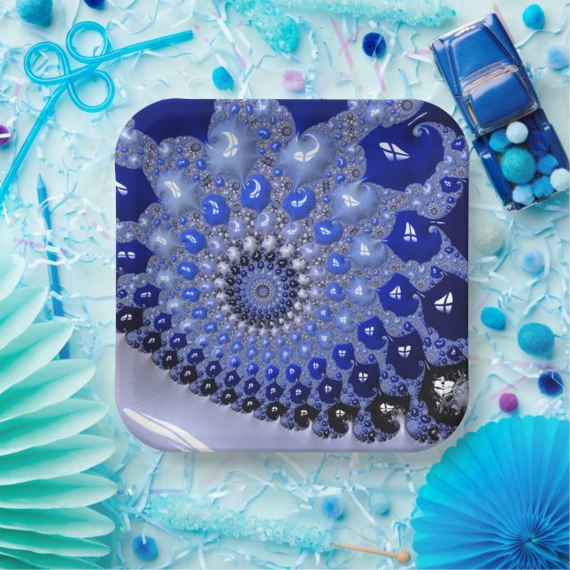 Abstract Blue Ombre Fractal Bubbles Paper Plate (Party)