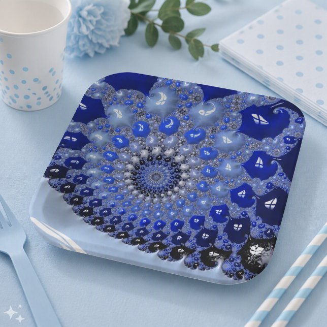 Abstract Blue Ombre Fractal Bubbles Paper Plate (Creator Uploaded)