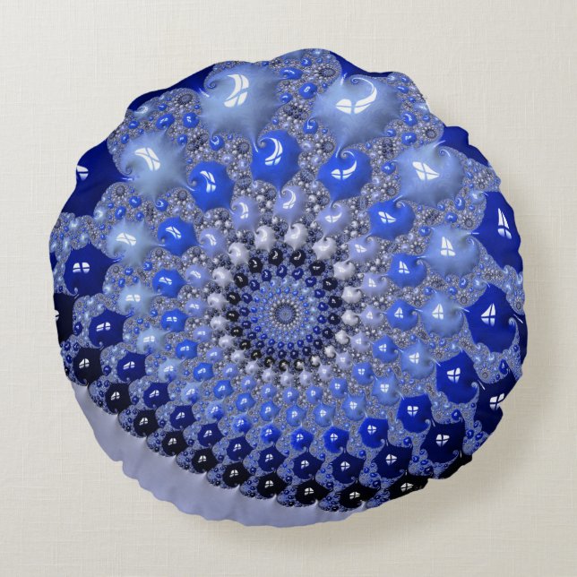 Abstract Blue Ombre Fractal Bubbles Round Cushion (Back)